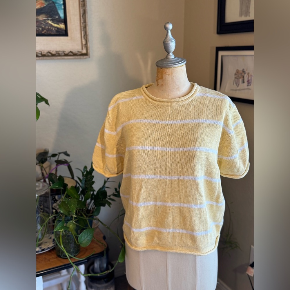 Vintage Cotton Knit Yellow and White Striped Women's Sweater
